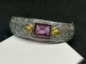 Art Deco Rhodium Silver Tone Gold Filled Filigree Bangle Bracelet Faux Amethyst